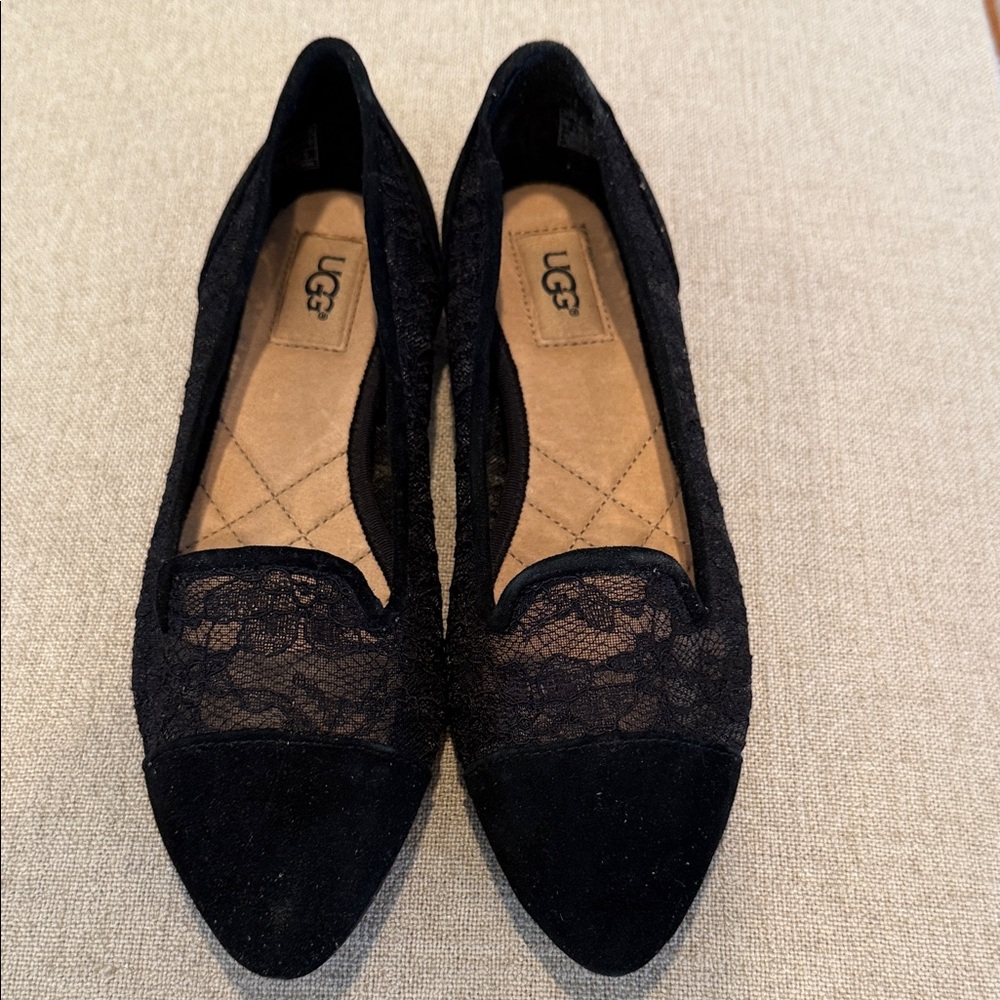 UGG Adriel Women's Black Lace & Suede Pointed-Toe Flats NWB